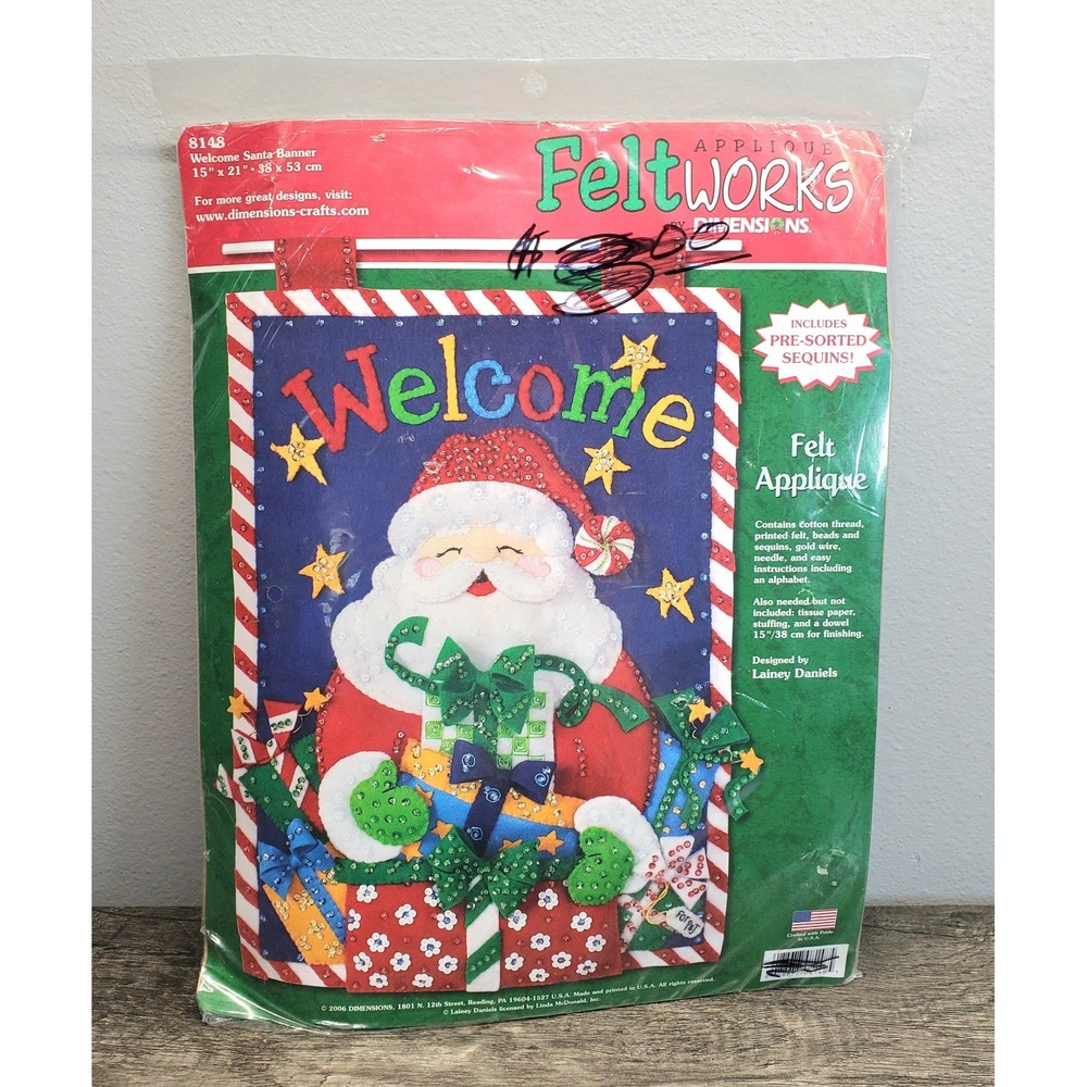 Dimensions Felt Appliqué Christmas Welcome Santa Banner Craft Sequins 2006 NEW